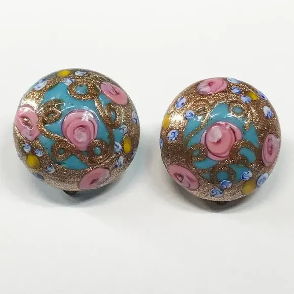 VTG Itlay Venetian Murano Fiorato Lampwork Wedding Cake Button Clip On Earrings - Picture 8 of 12